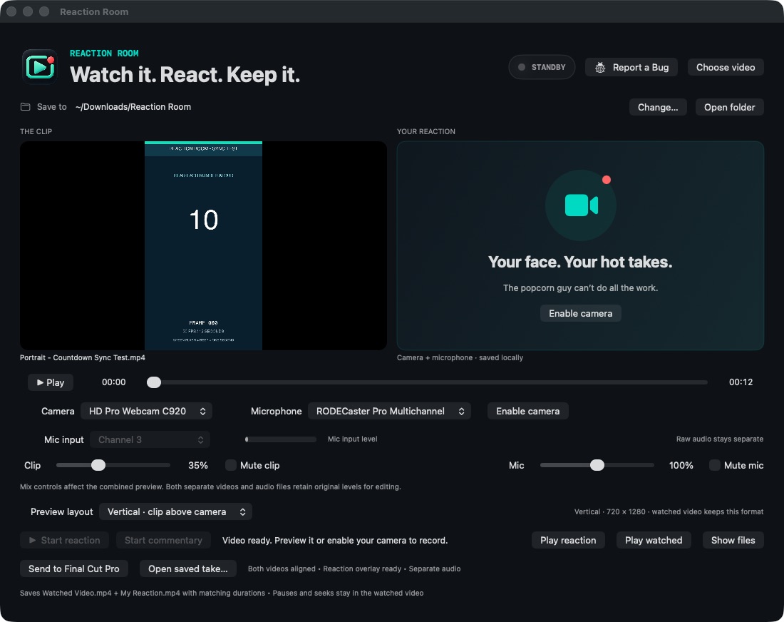 Actual Reaction Room beta with a vertical countdown clip, camera disabled and recording controls.